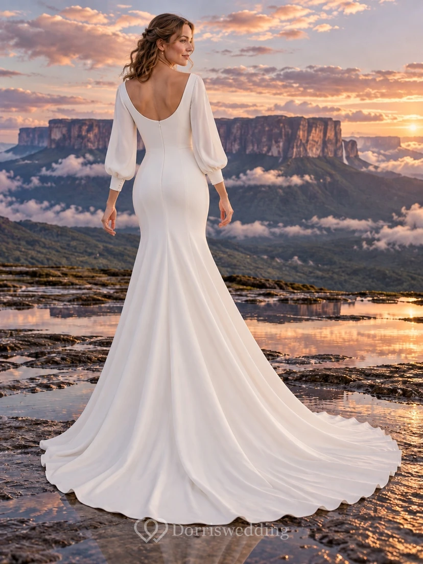 Meerjungfrauen-Brautkleid aus Crêpe mit U-Boot-Ausschnitt, Dreiviertelärmeln und Schleppe view 2