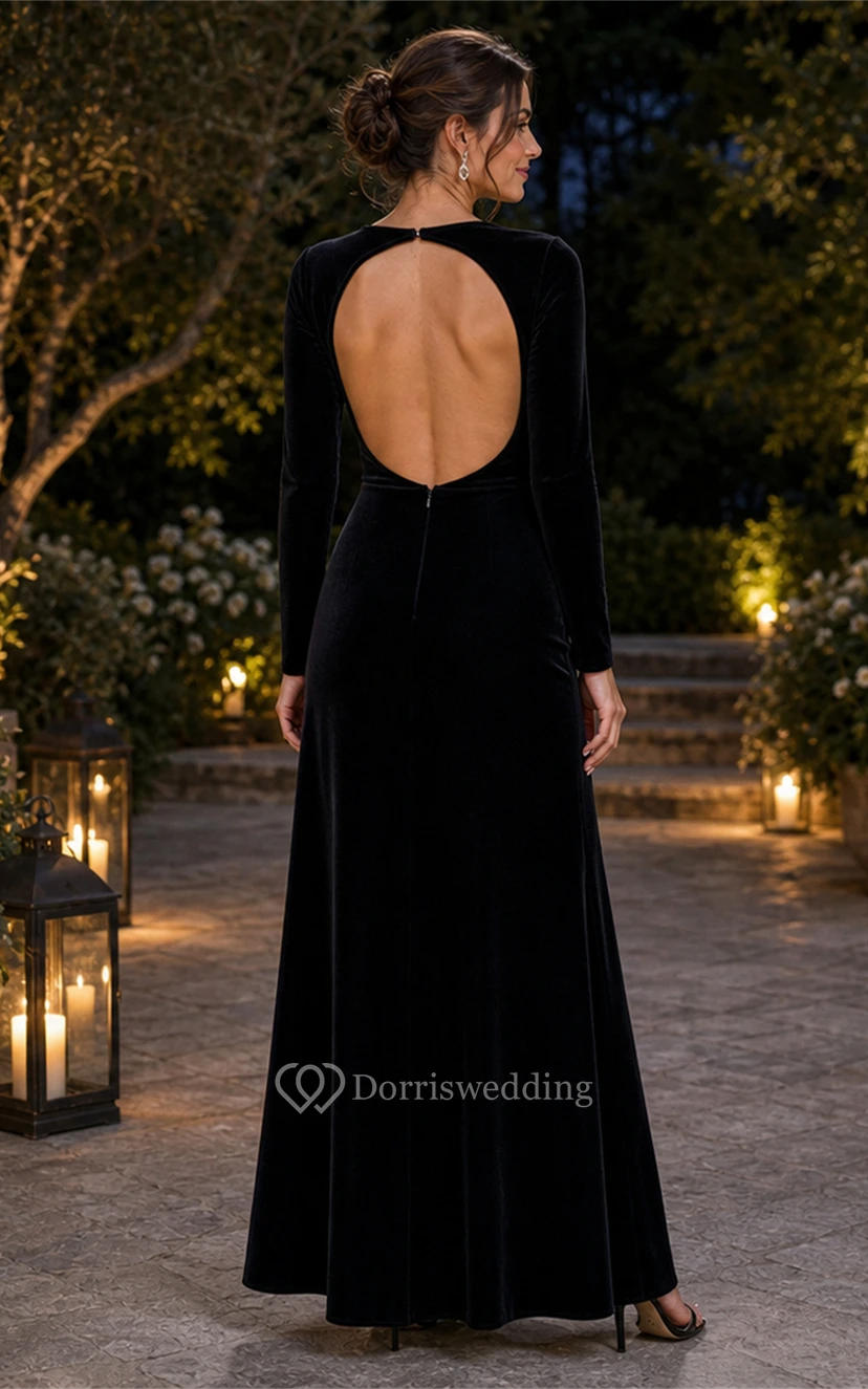 Black Velvet Long Sleeve Backless Floor-Length Dress view 2