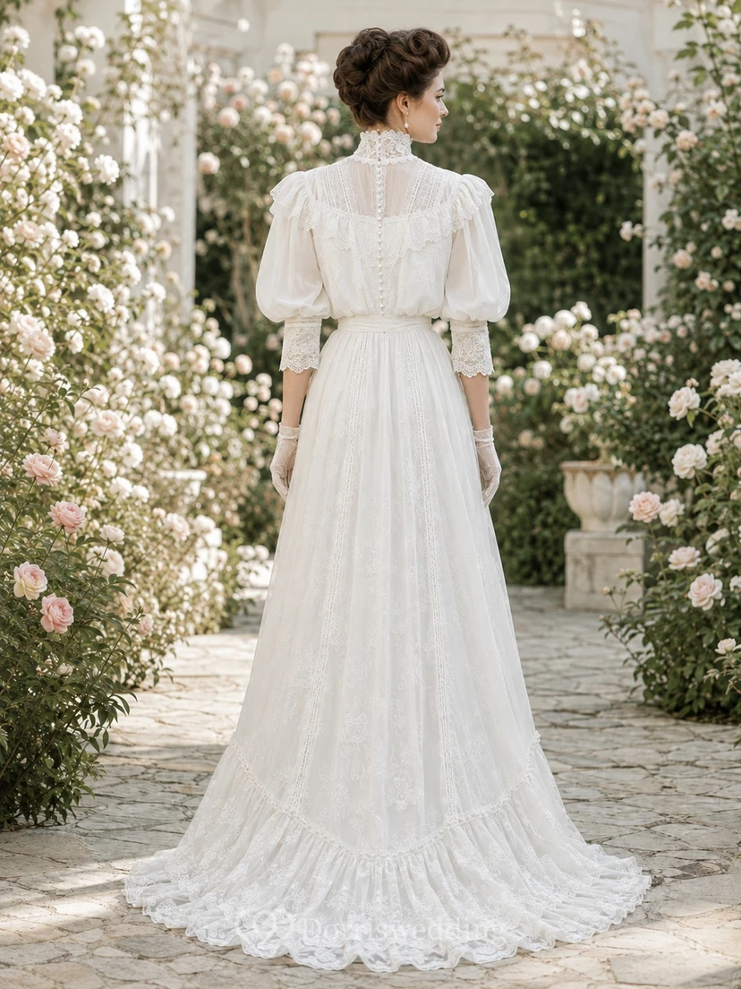 High Neck Illusion Lace Button Puff Sleeve A-Line Sweep Train Wedding Gown view 2
