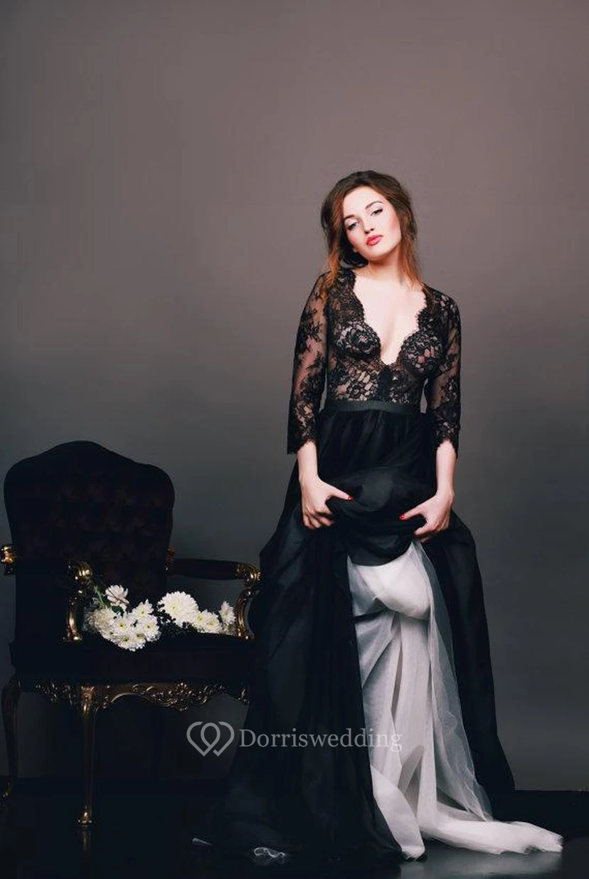 Sexy Black Lace Appliques V-neck Evening Dress 3-4-Length Sleeve A-line view 3