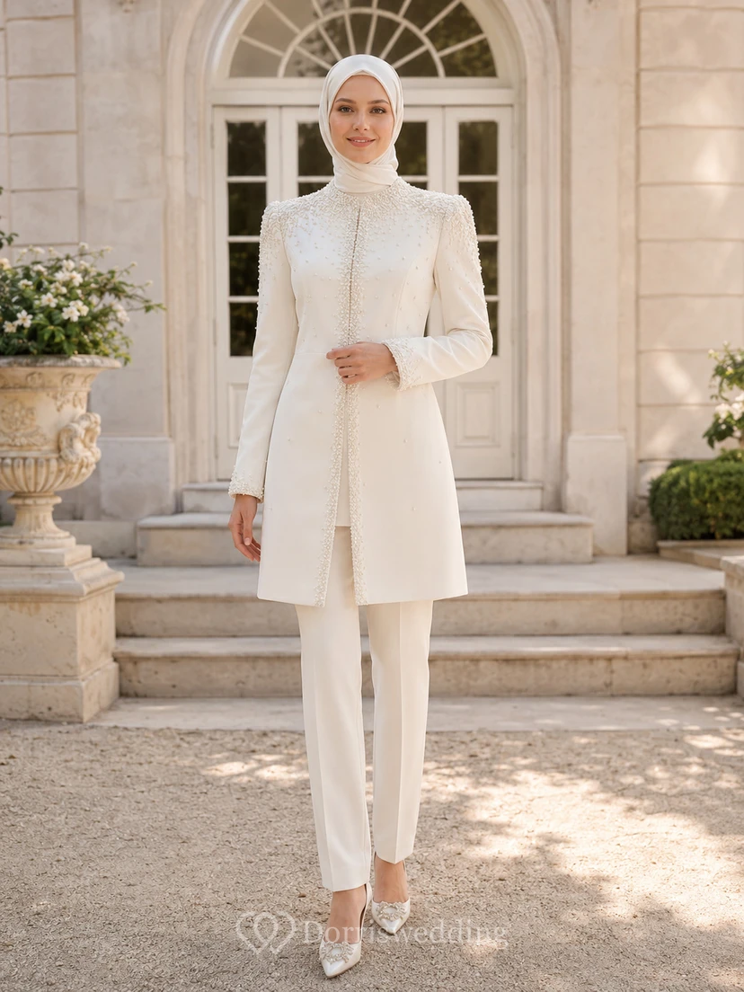 Modest Muslim Pearl Embellished Long Jacket Wedding Pantsuit