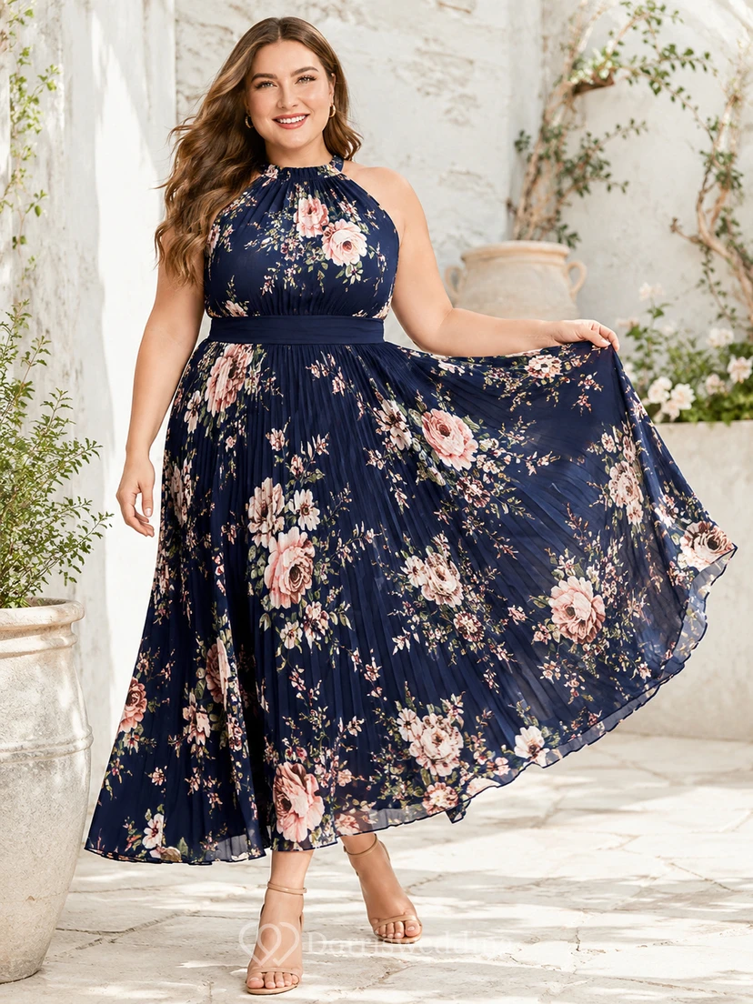 Marineblaues, geblümtes Neckholder-Spitzenkleid in A-Linie, Übergröße, Midi-Länge
