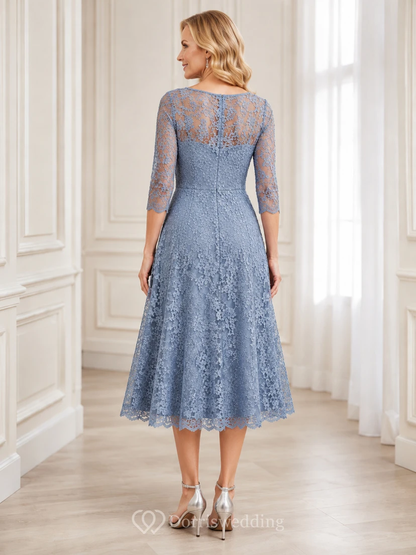 Staubblaues A-Linien-Kleid mit Illusionsärmeln aus Spitze und Teelänge view 2