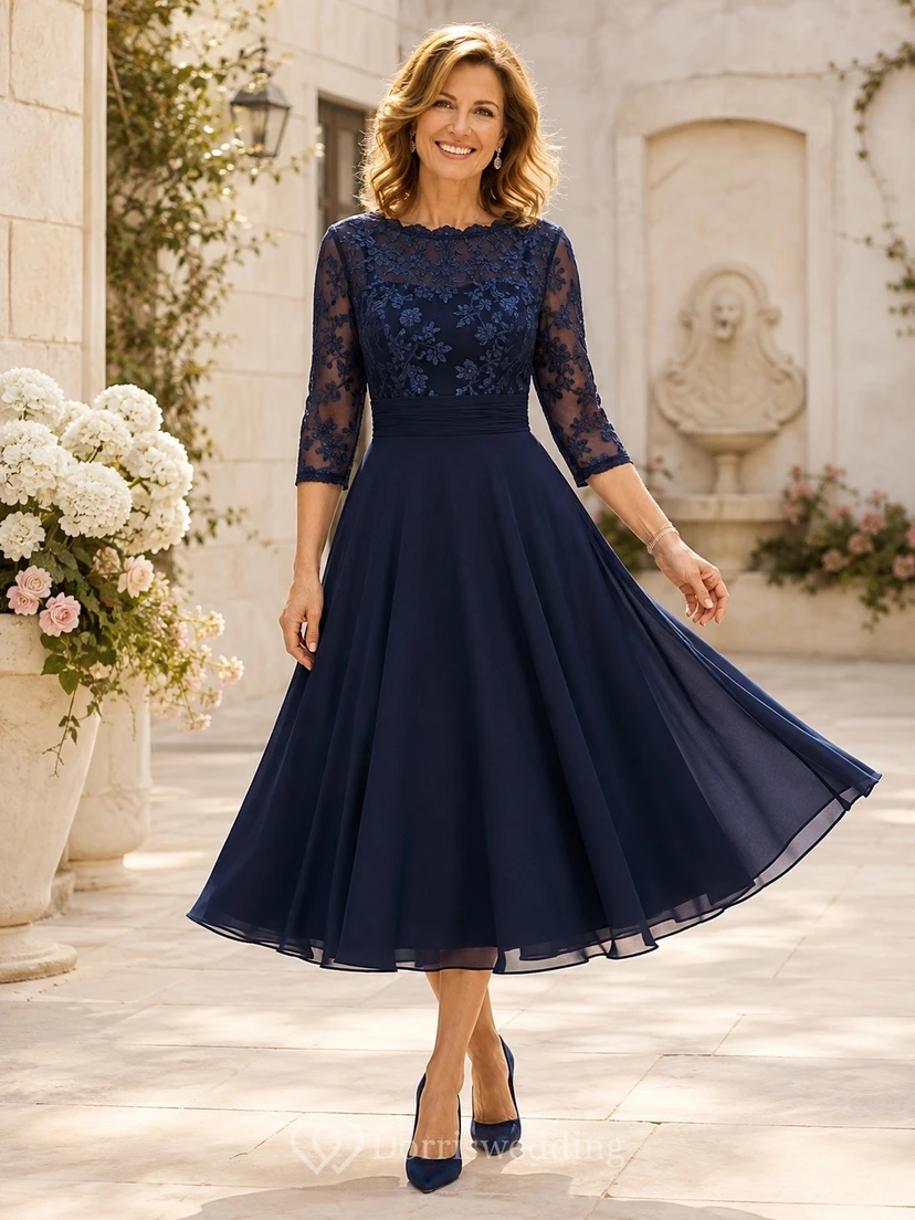 Dark Navy Lace Three Quarter Sleeve Tea-Length A-Line Dress