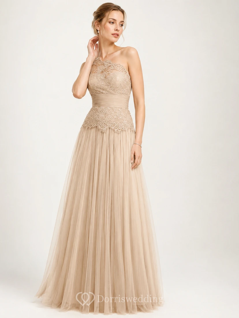 Langes, schulterfreies A-Linien-Abendkleid aus Tüll mit Spitzenbesatz, Bandagen und Pailletten view 5