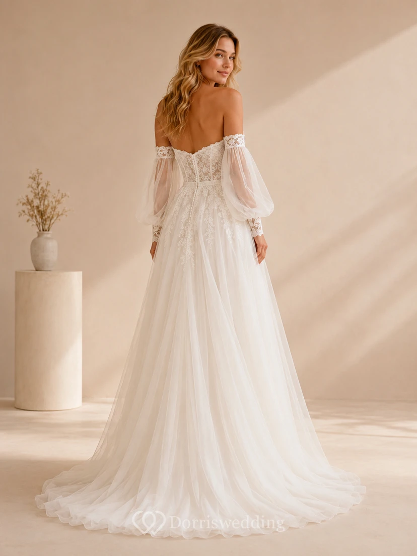 Off Shoulder Detachable Sleeve Modern Studio Bridal Gown view 2