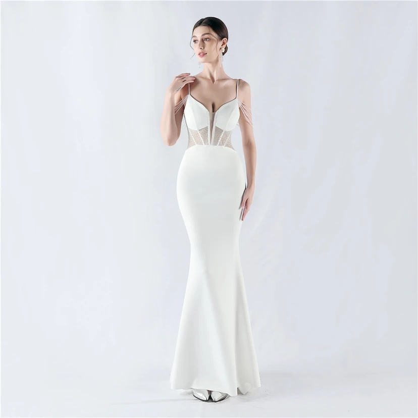 Vestido de noche con cintura de espiga, bordado de diamantes de imitación, ideal para banquetes y presentaciones. view 48