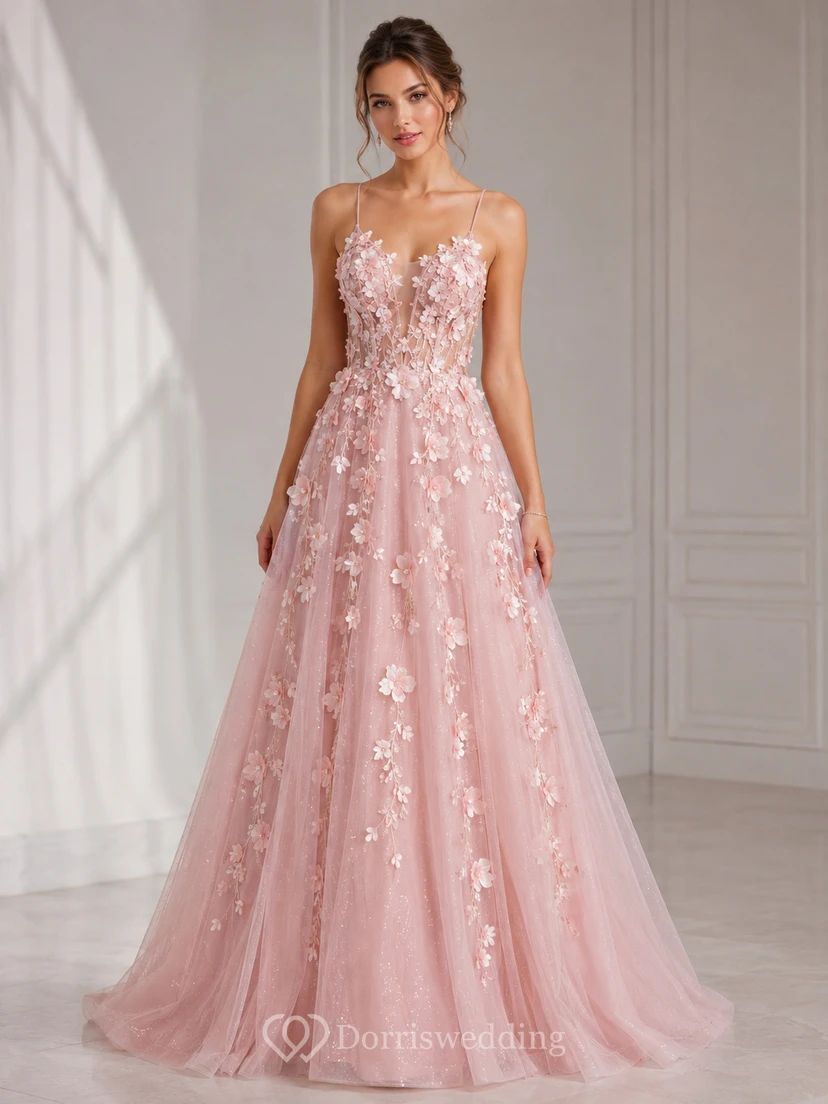 A-Line Lace Prom Dress with Strapless, Sleeveless and Appliques Flower, Floor Length