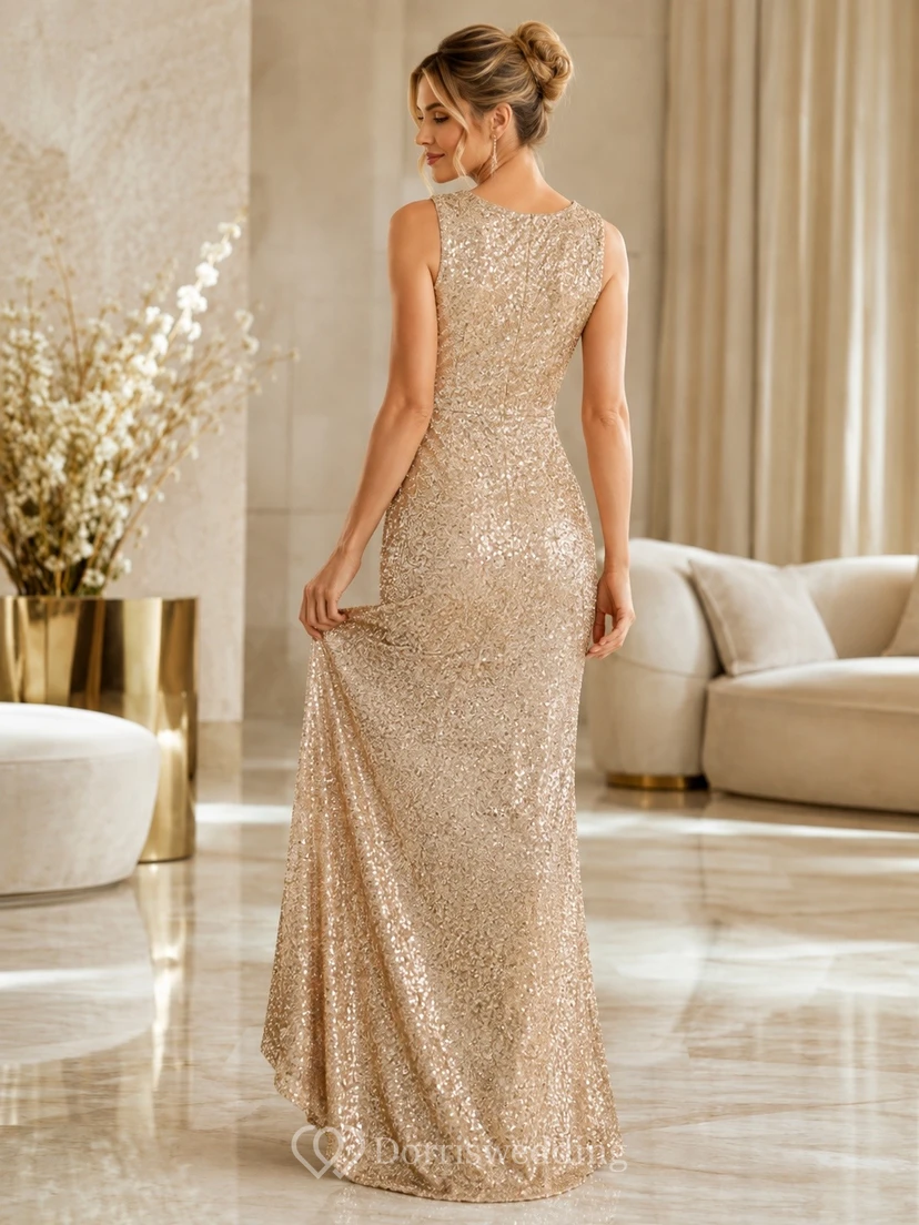 Champagne Sequin Sleeveless Sheath Evening Gown Classic Occasion view 2