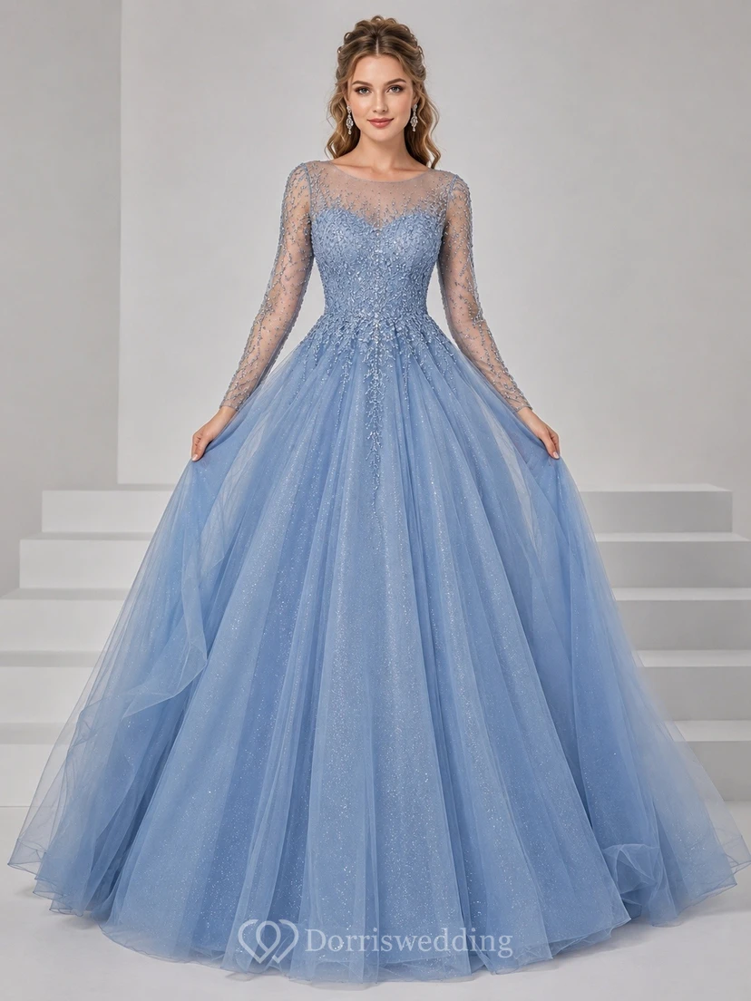 Long Sleeve Sky Blue Tulle Ball Gown Ethereal Prom Dress
