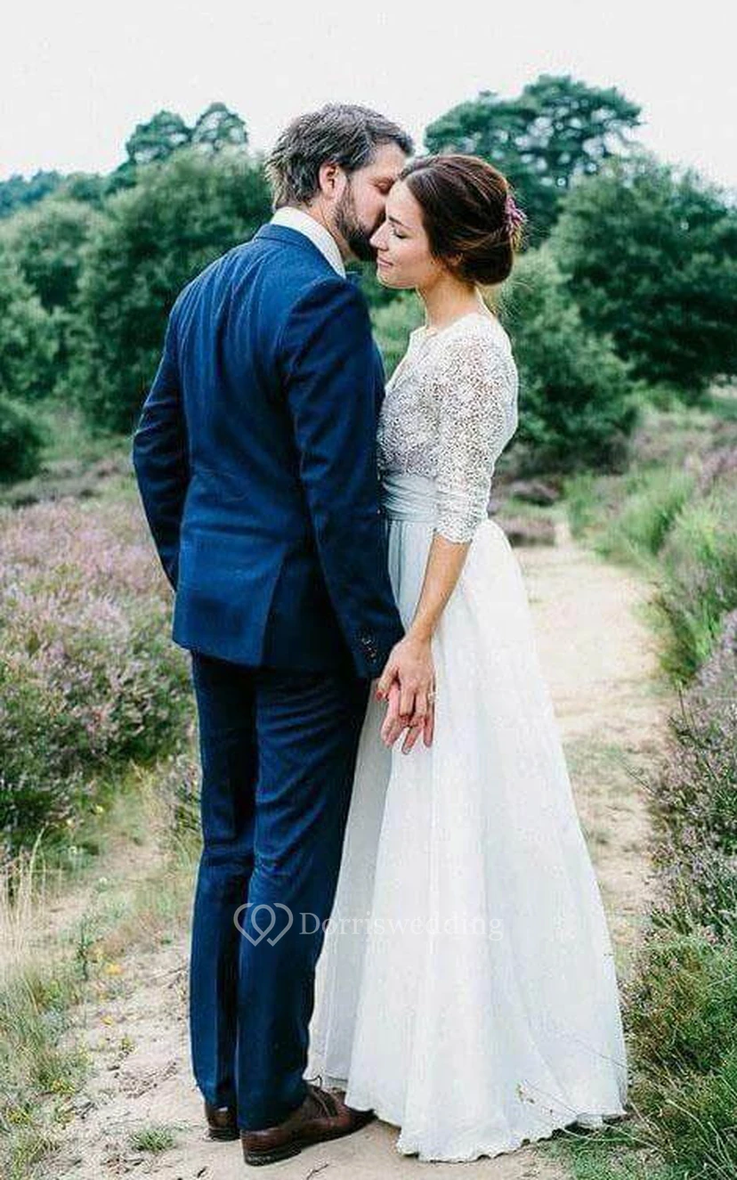 Vestido de novia sencillo de gasa con escote en V y manga larga hasta el suelo, estilo imperio. view 6