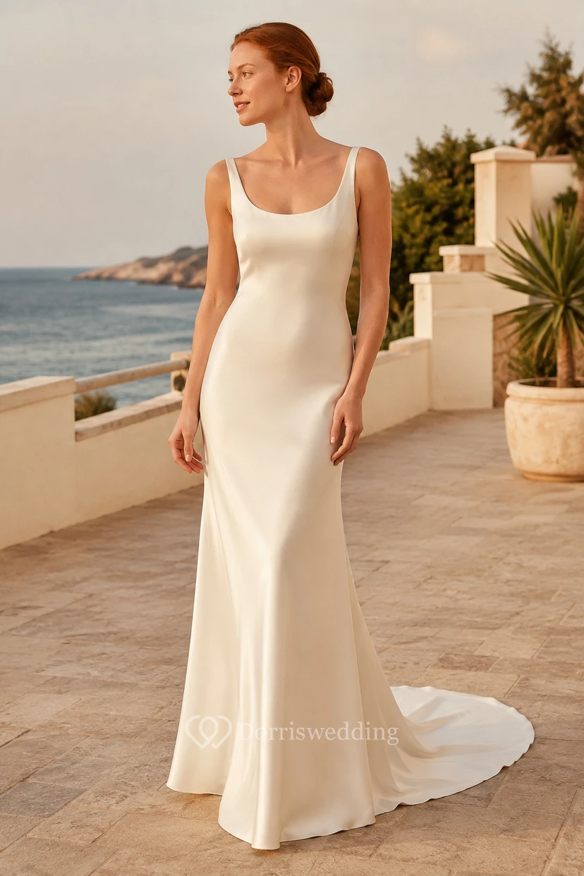 Robe de mariée fourreau en satin ivoire à encolure ronde et traîne.