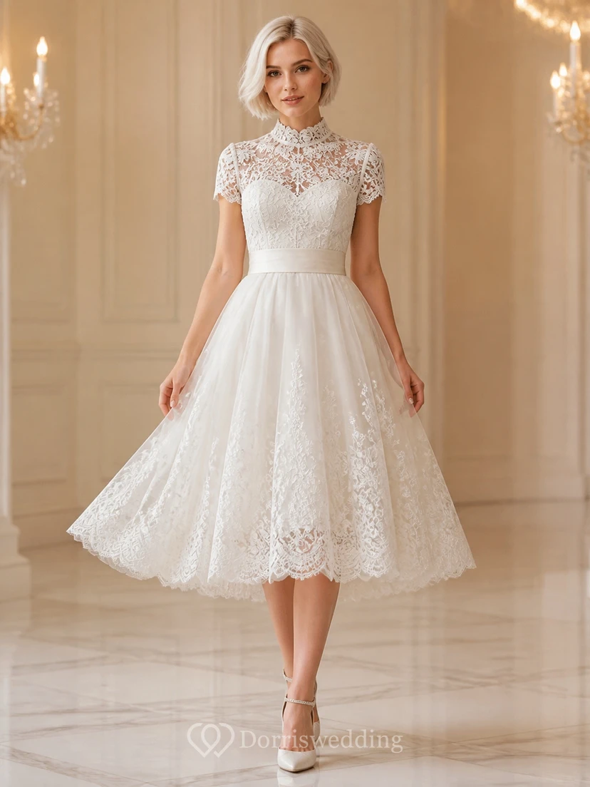 Vintage-Tüllkleid in Teelänge, schlicht und elegant, mit hohem Kragen und kurzen Ärmeln