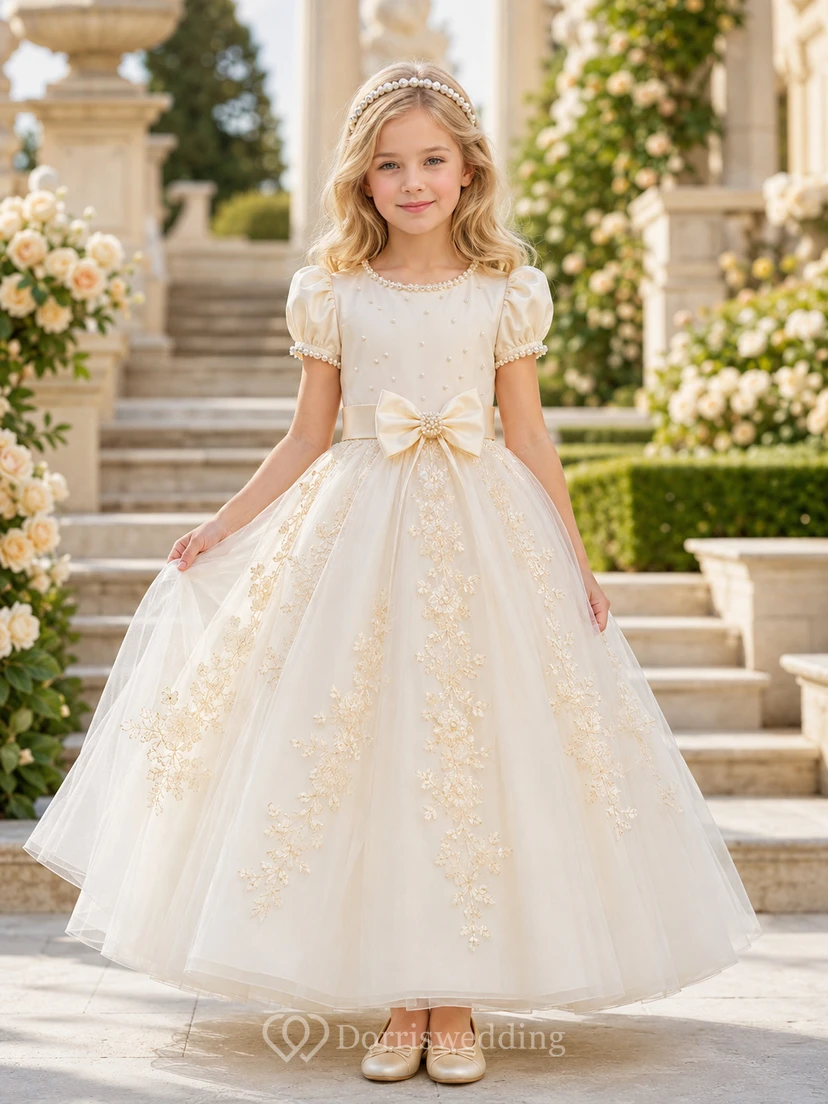 A-Line Royal Inspired Flower Girl Dress with Cap Sleeves, Gold Applique Bodice, Full Tulle Skirt, Satin Waist, Regal Formal Style