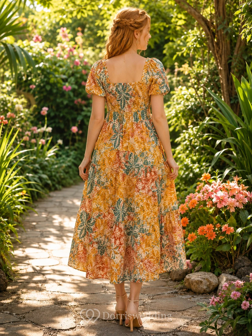 Vestido midi naranja con estampado batik tropical, cuello cuadrado y mangas abullonadas view 2