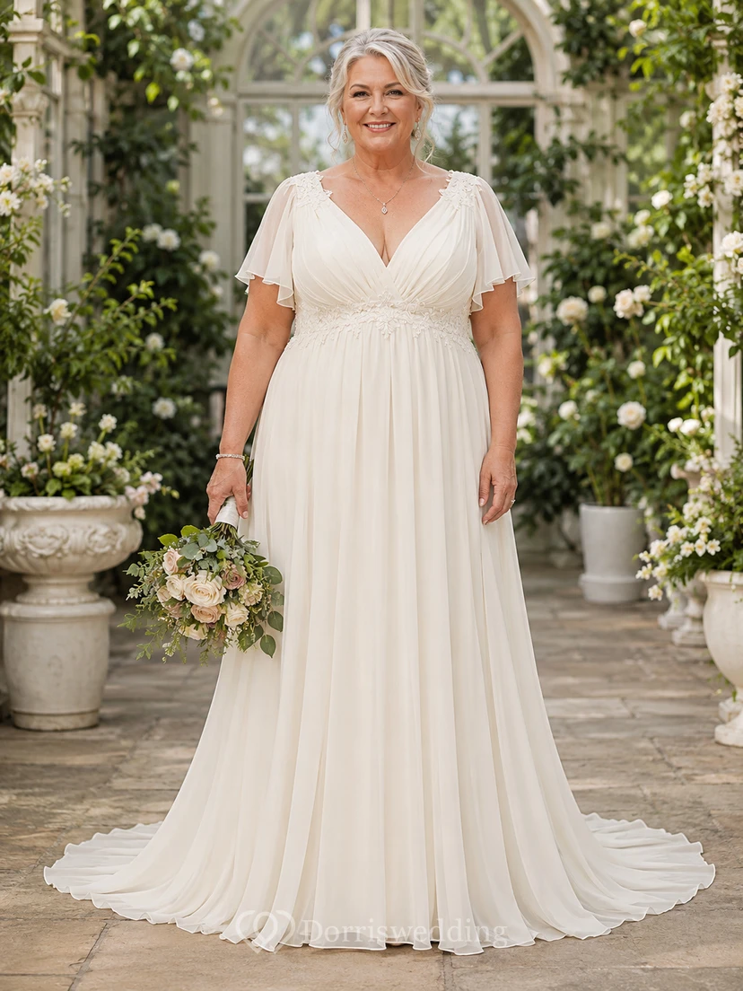 Brautkleid aus Chiffon in A-Linie mit flatternden Ärmeln in Übergröße für ältere Bräute
