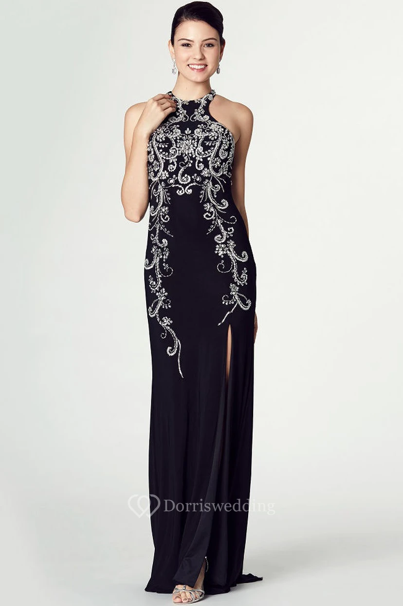 Pencil Midi Split-Front Sleeveless High Neck Chiffon Prom Dress With Pleats And Beading