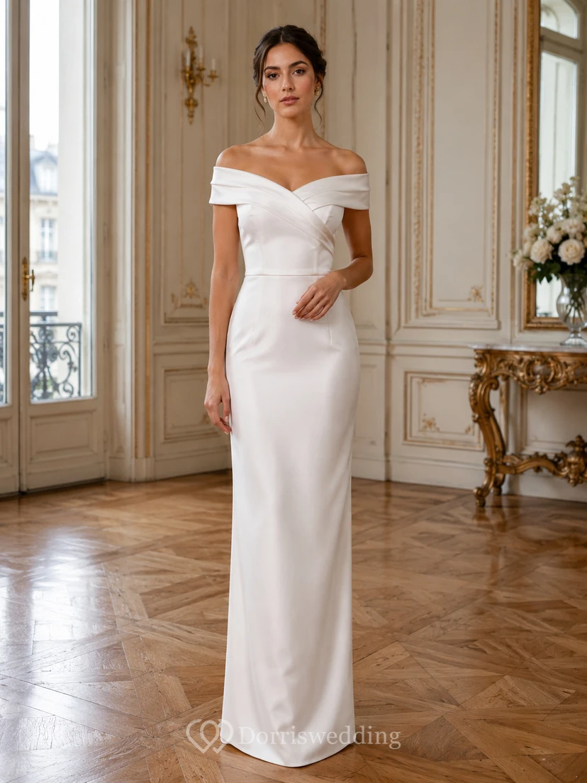 Vestido de noche columna de hombros descubiertos, suave y refinado, en tono neutro.