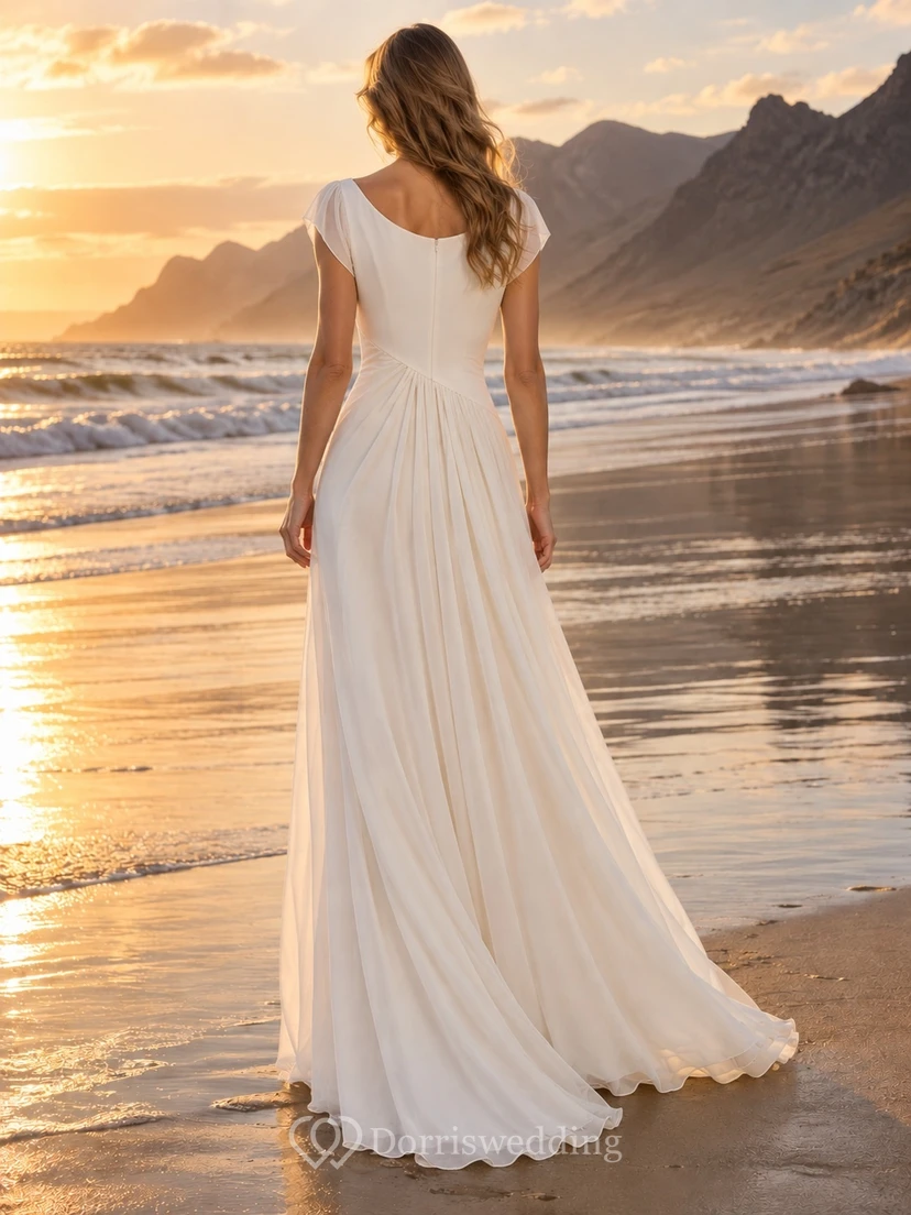 Vestido de novia sencillo de georgette con escote joya, corte en A, mangas cortas y cola. view 2