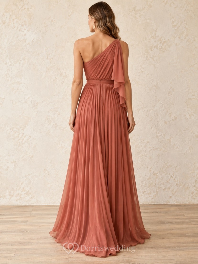 Papaya A-Line One-Shoulder Pleated Chiffon Side Drape Formal Dress