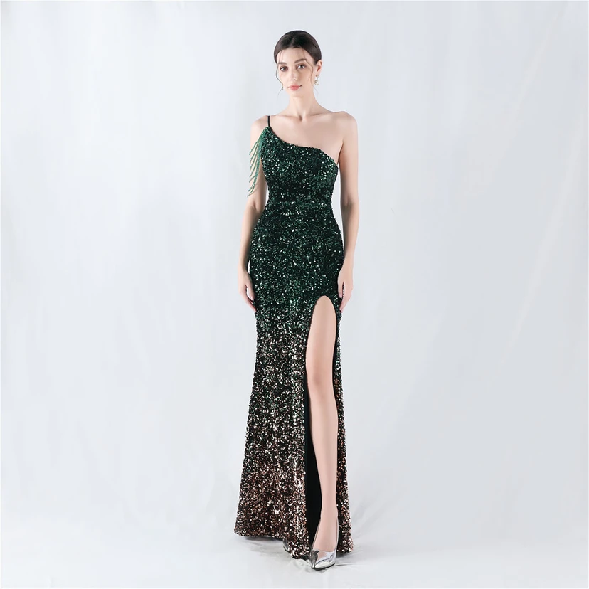 Vestido de noche asimétrico con tirantes, lentejuelas, lentejuelas y bajo de terciopelo degradado de alta densidad view 51