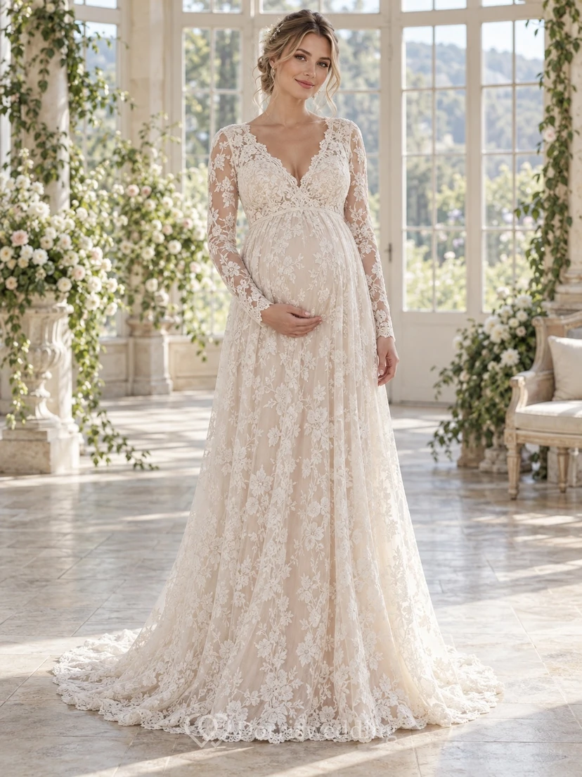 Robe de mariée de maternité à manches longues, col en V, style empire, dentelle florale et traîne