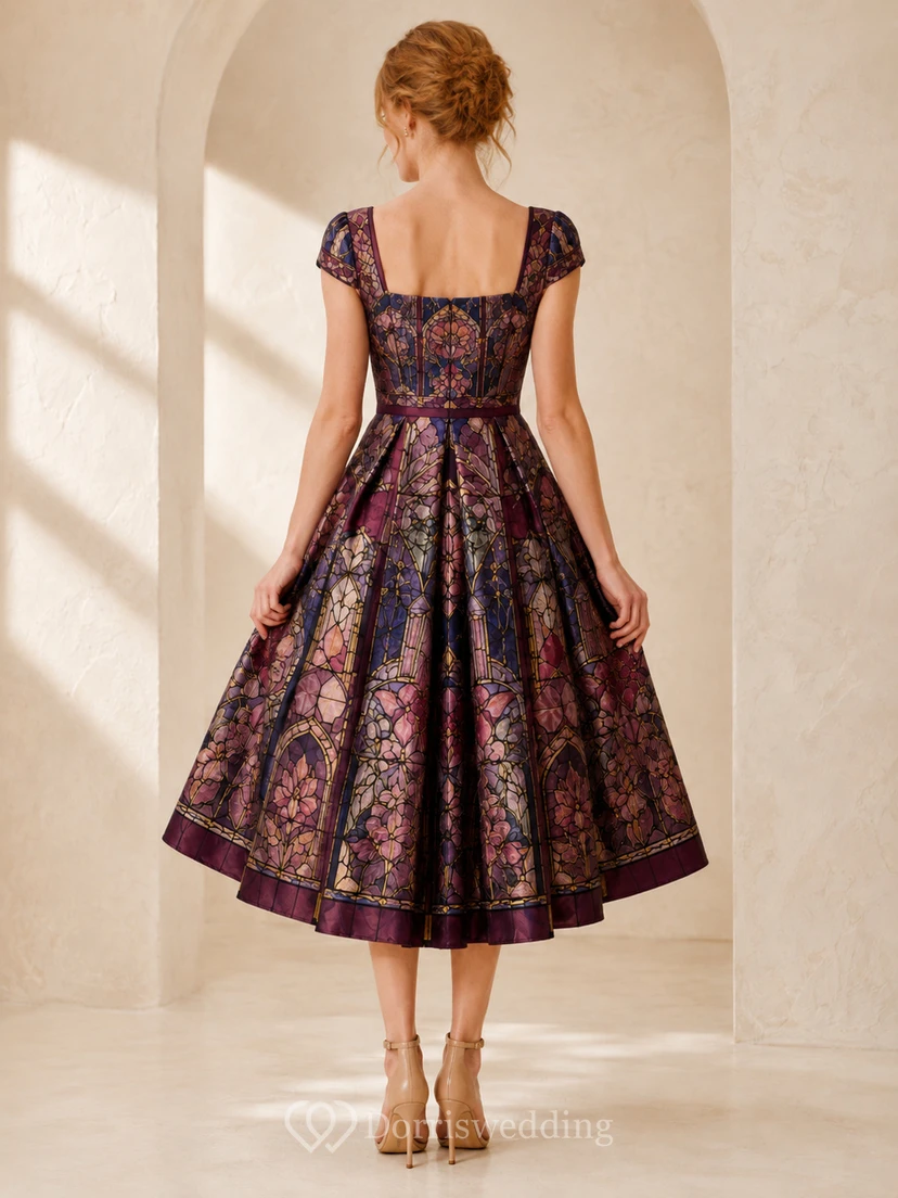 Burgundy Stained Glass Square Neck Fit Flare Midi Dress view 2
