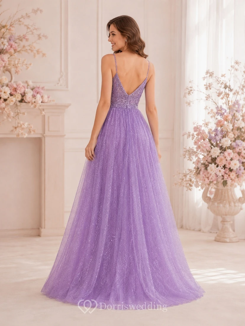 Lavender Evening Dress A-Line Sparkling Tulle V-Neck Spaghetti Strap Sweep Train Romantic Gown view 2