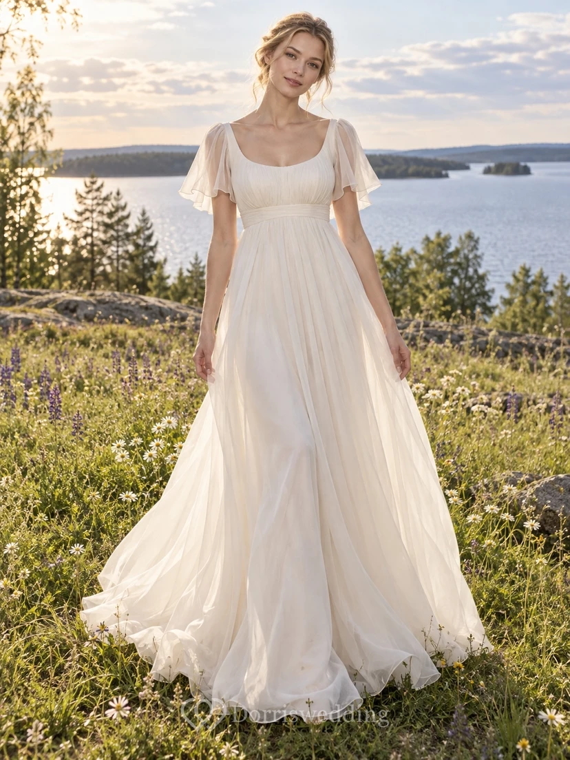 Sencillo vestido de novia de organza con corte en A, corpiño fruncido y mangas cortas transparentes.