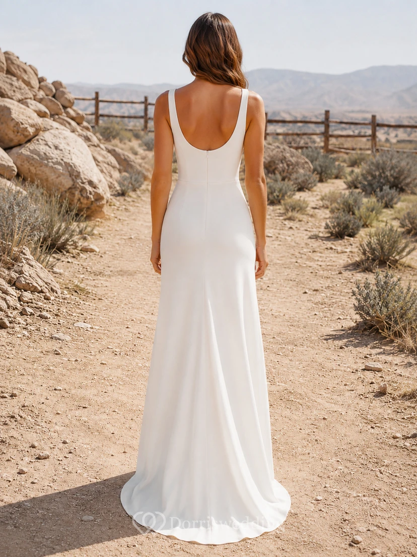 Country Elopement Simple Modern Sexy Sheath Satin Wedding Dress with Square Neck Sleeveless Floor-Length Split Skirt view 2