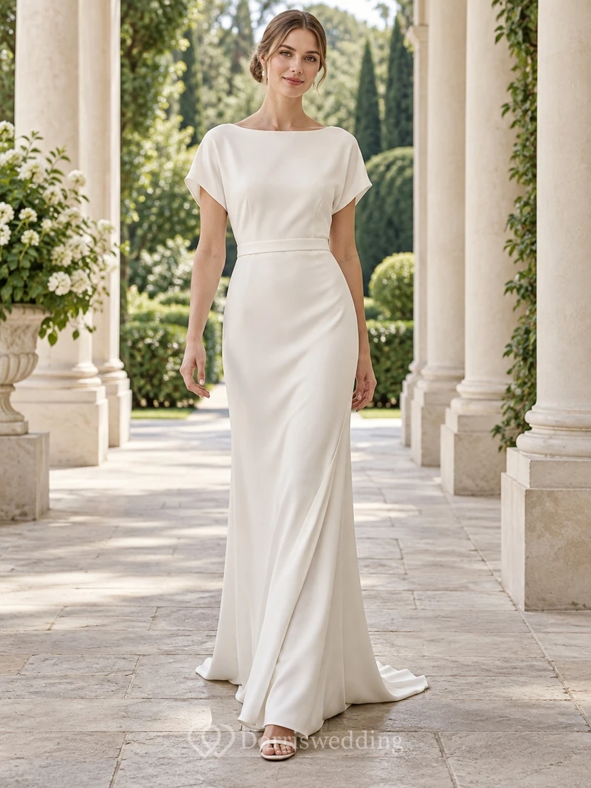 Brautkleid mit U-Boot-Ausschnitt, flatternden Ärmeln, Crêpe-Etui-Schleppe, Knopfleiste am Rücken