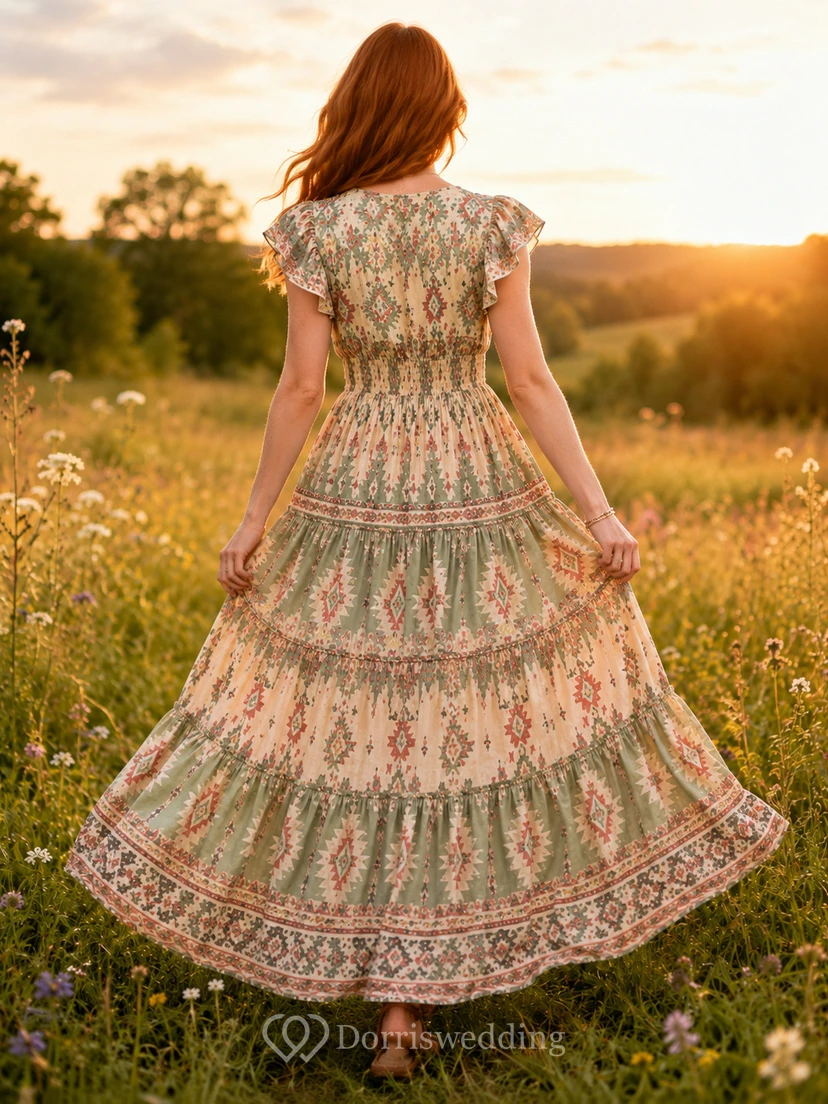 Robe longue trapèze à volants, col en V et manches courtes, style aztèque, couleur sauge view 2