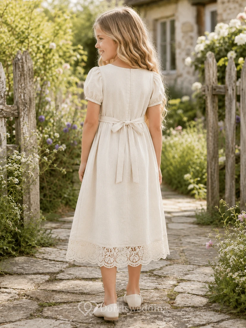 Flower Girl Dress Ivory Cotton Lace A-Line Short Sleeve Scoop Neck Tea Length view 2