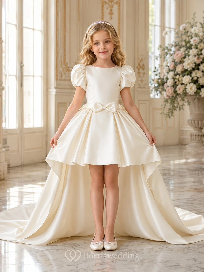 Blumenmädchenkleid aus elfenbeinfarbenem Satin, A-Linie, kurze Ärmel, Rundhalsausschnitt, asymmetrischer Saum, Schleifendetail