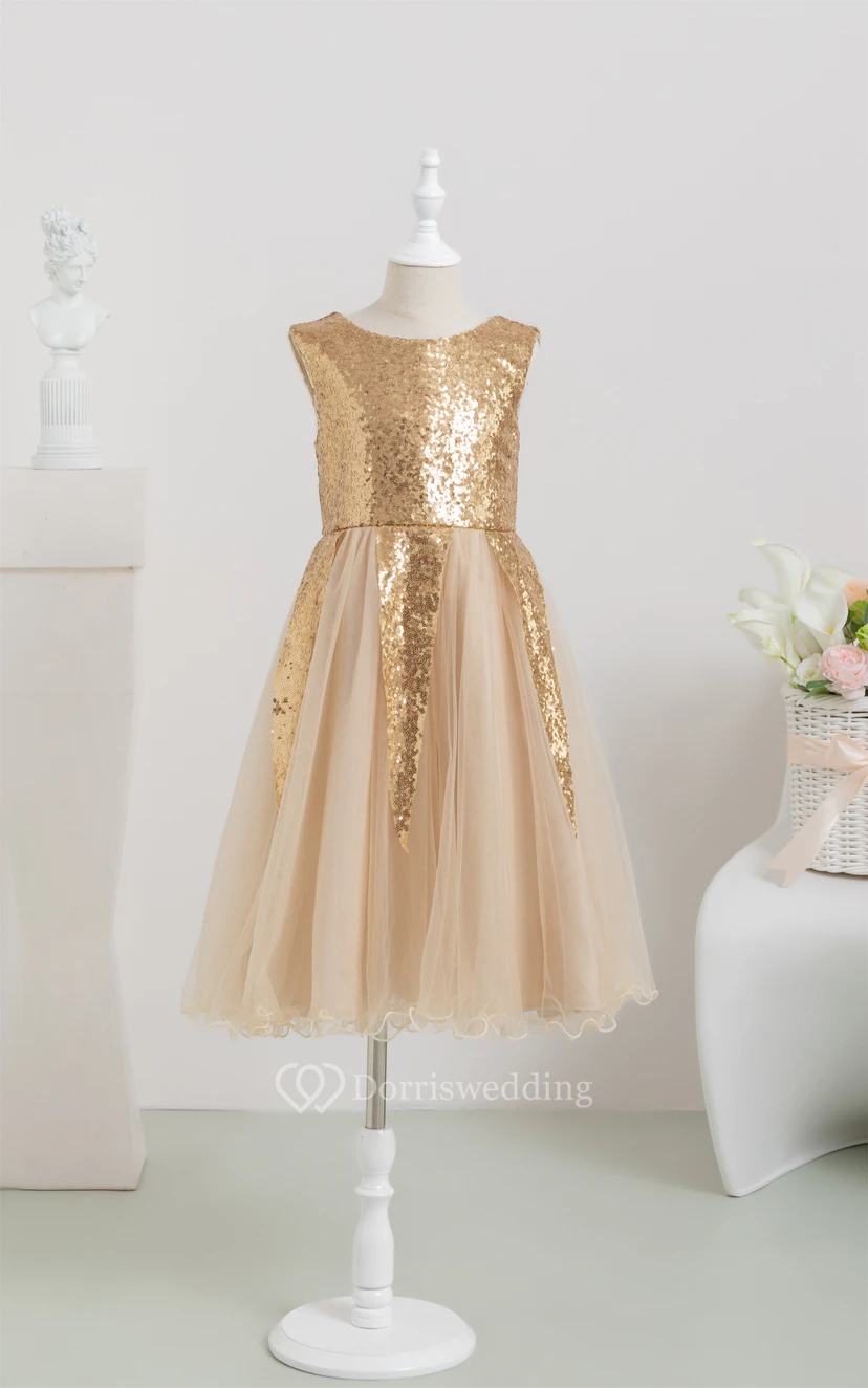Sequin Tulle A-line Pleated Flowergirl Dress with Zipper Back