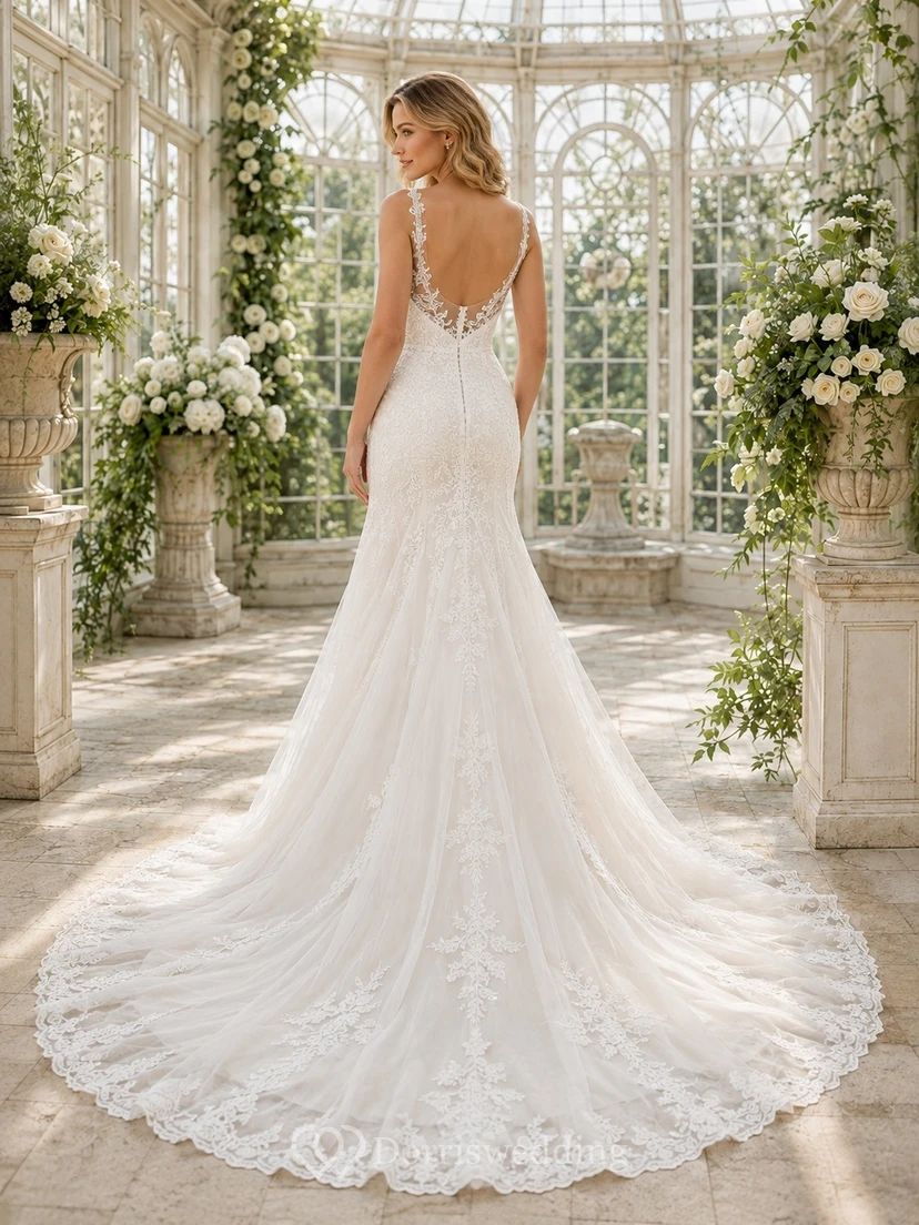Vestido de novia de sirena con mangas cortas, encaje festoneado y cola de corte sirena. view 2