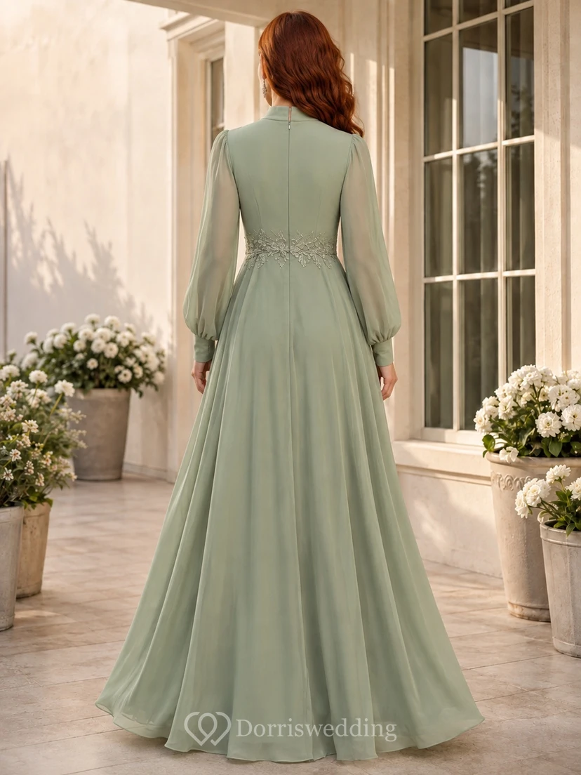 Sage Green Chiffon Long Sleeve A-Line High Neck Modest Floor Length Garden Bridesmaid Dress view 2
