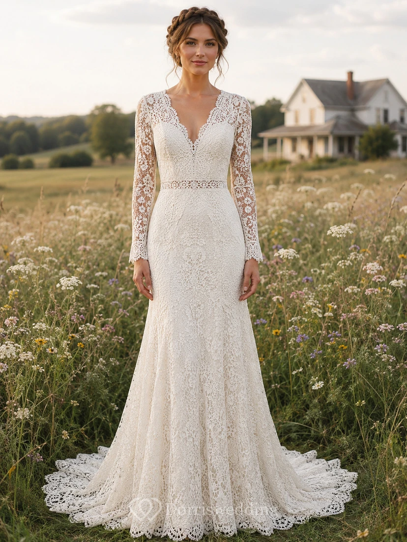 Robe de mariée champêtre en dentelle, coupe trapèze, col en V, manches longues, traîne chapelle