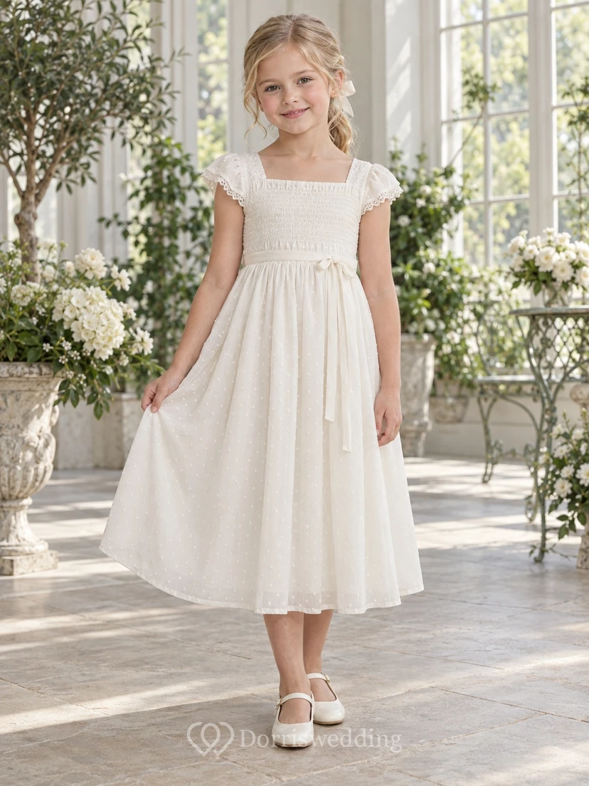 Tea-length Square Neck Country Ivory A-line Smocked Lace-trimmed Gathered Flower Girl Dress