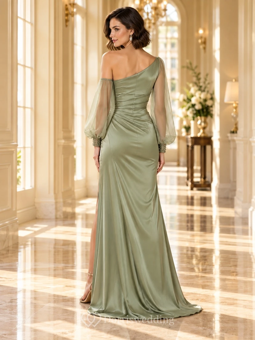 Sage One-Shoulder Long Illusion Sleeve Draped Satin Evening Dress view 2
