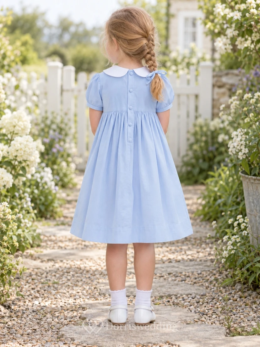 Modest Sky Blue Knee Length Wide Diamond Smocked Rounded Collar Puff Flower Girl Dress