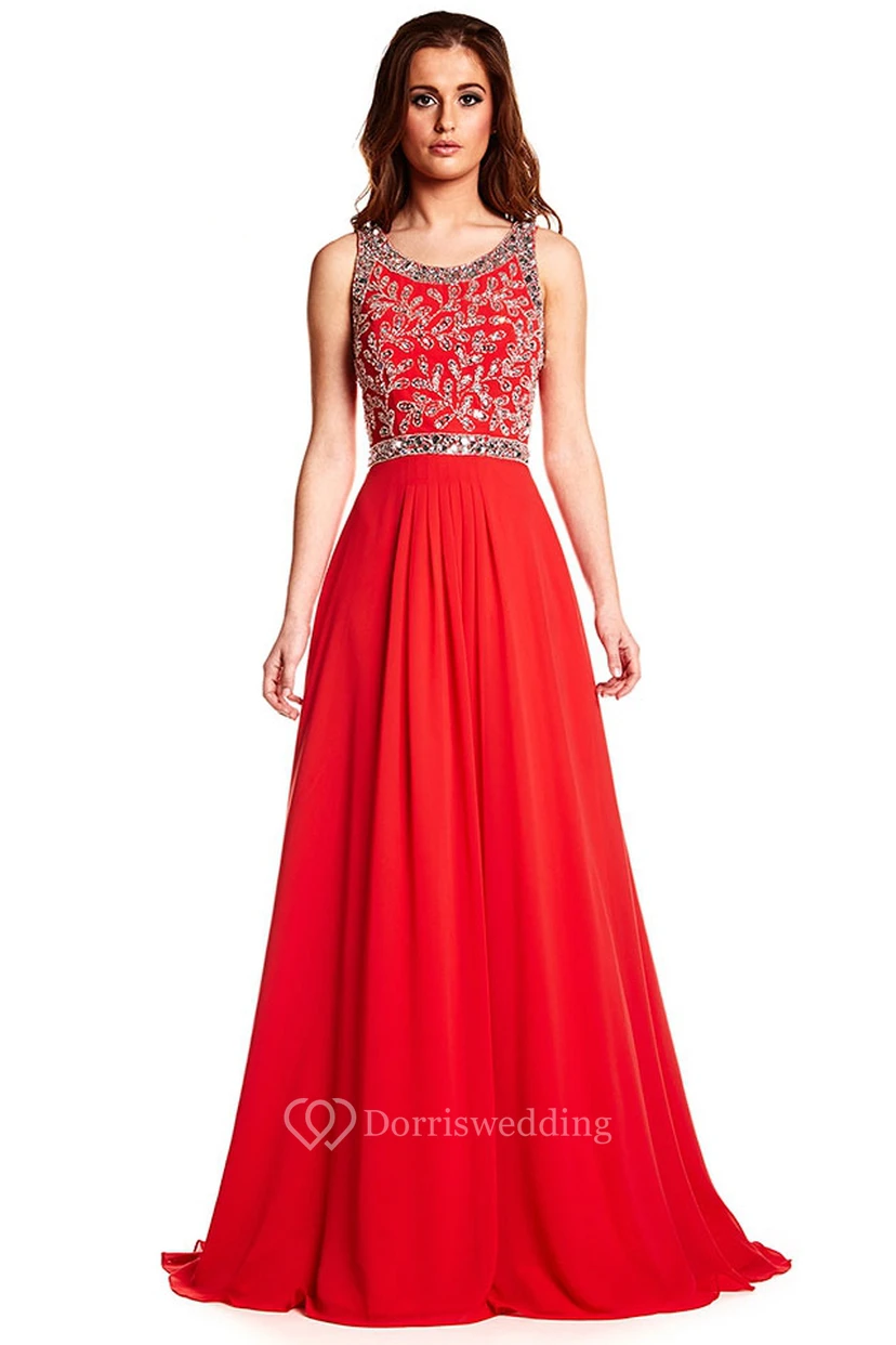 A-Line Scoop Sleeveless Beaded Floor-Length Chiffon Prom Dress With Zipper Back