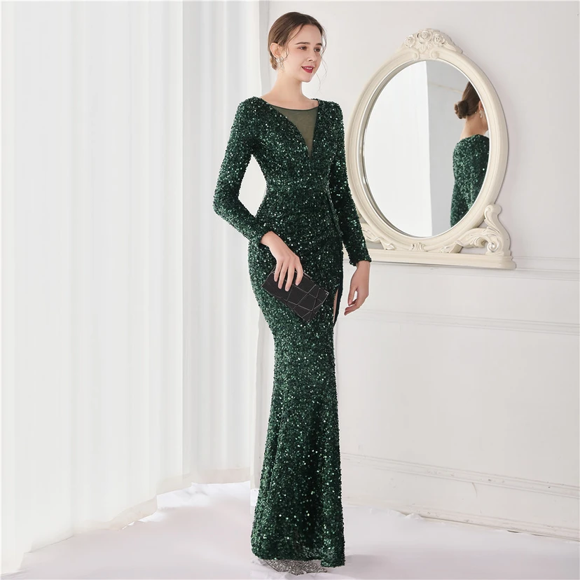 Elegantes, langes Paillettenkleid mit langen Ärmeln und Meerjungfrauenschnitt – ein Abendkleid im Aura-Queen-Stil für festliche Anlässe. view 24