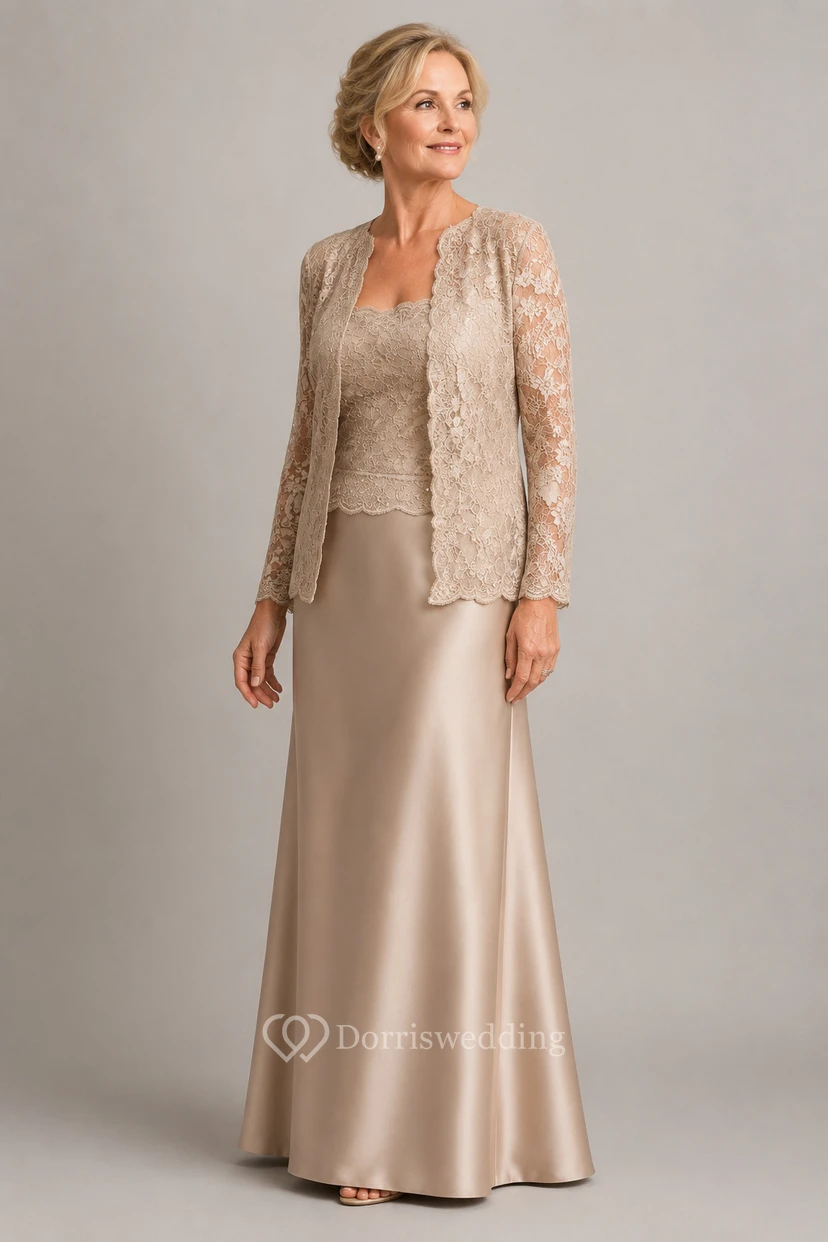 Robe de mère de la mariée violette en dentelle, manches longues, longueur au sol, avec veste view 10
