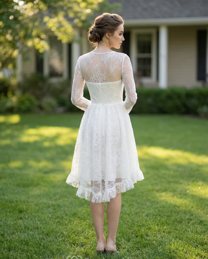 Robe de mariée en dentelle à manches longues arrivant aux genoux view 2