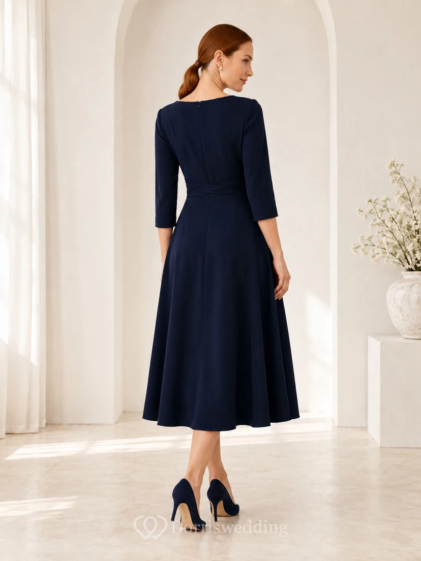 Dunkelblaues A-Linien-Midikleid mit V-Ausschnitt für besondere Anlässe view 2