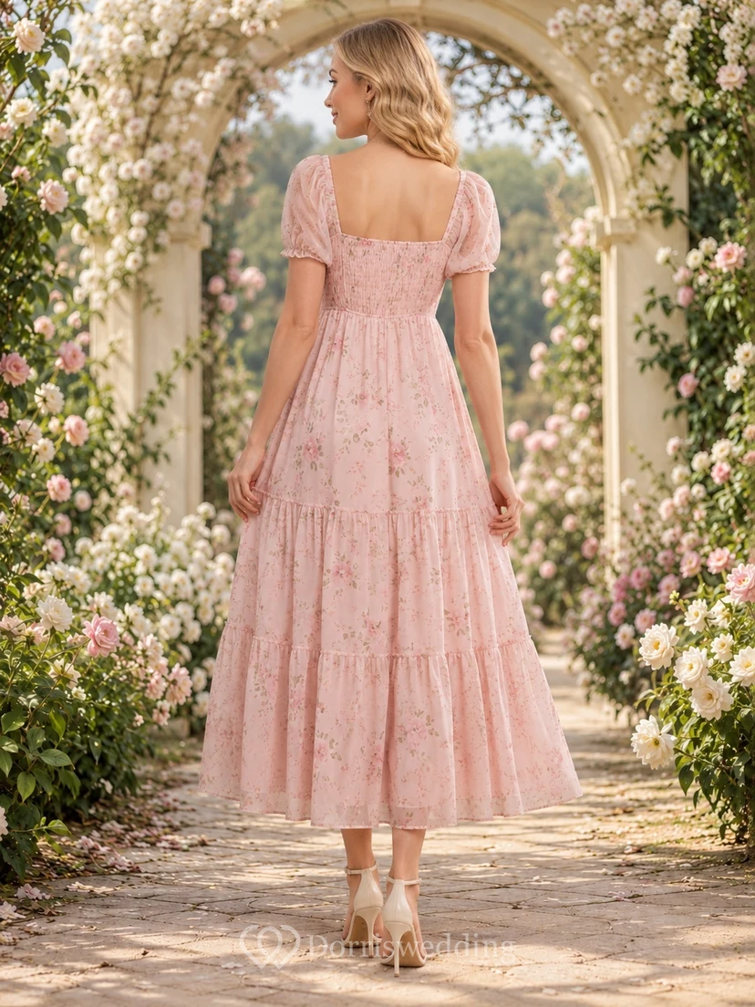 Pink Floral Chiffon Square Neck Puff Sleeve Tiered Tea-length A-Line Guest Dress view 2