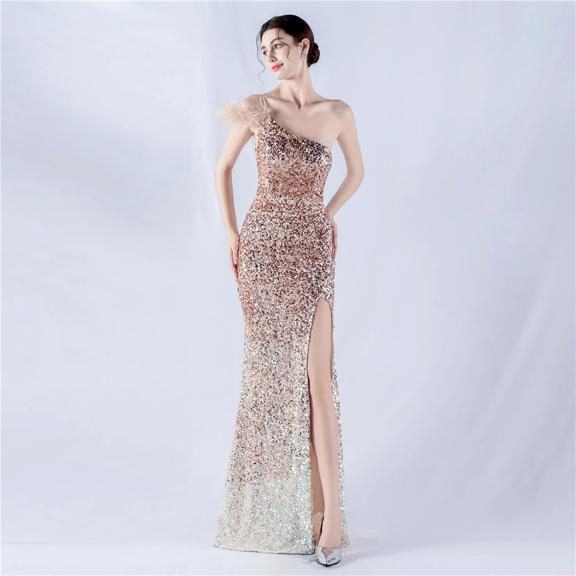 Gradient Velvet Bottom Sequins Craft Beading Ostrich Hair One-Shoulder Oblique Collar High-Slit Evening Dress view 48