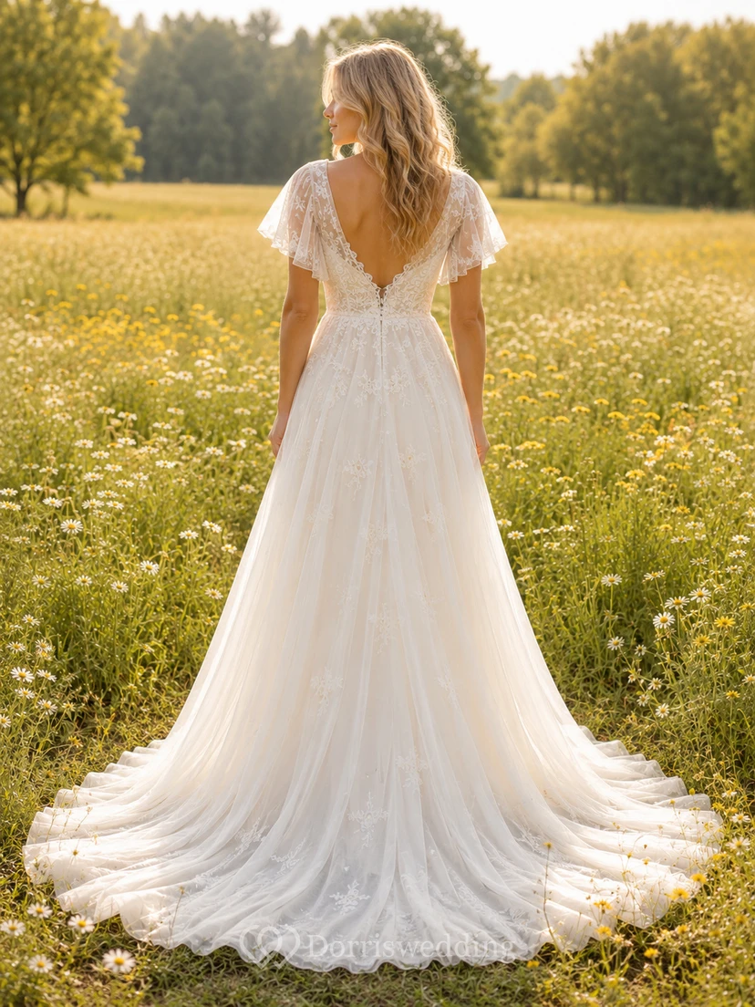 Robe de mariée de maternité à col en V, sans manches, corsage en dentelle à volants view 2