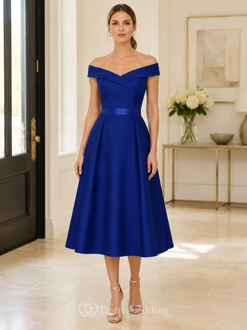 Royal Blue Elegant Modern Off-Shoulder Short-Sleeve Satin A-Line Tea-Length Formal Dress